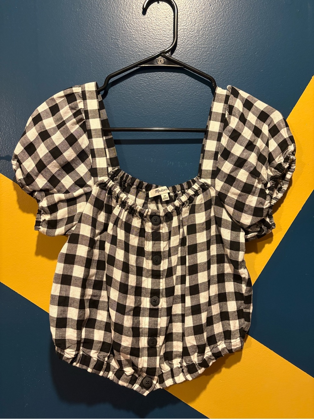 Madewell Black and White Gingham Puff Sleeve Crop Top